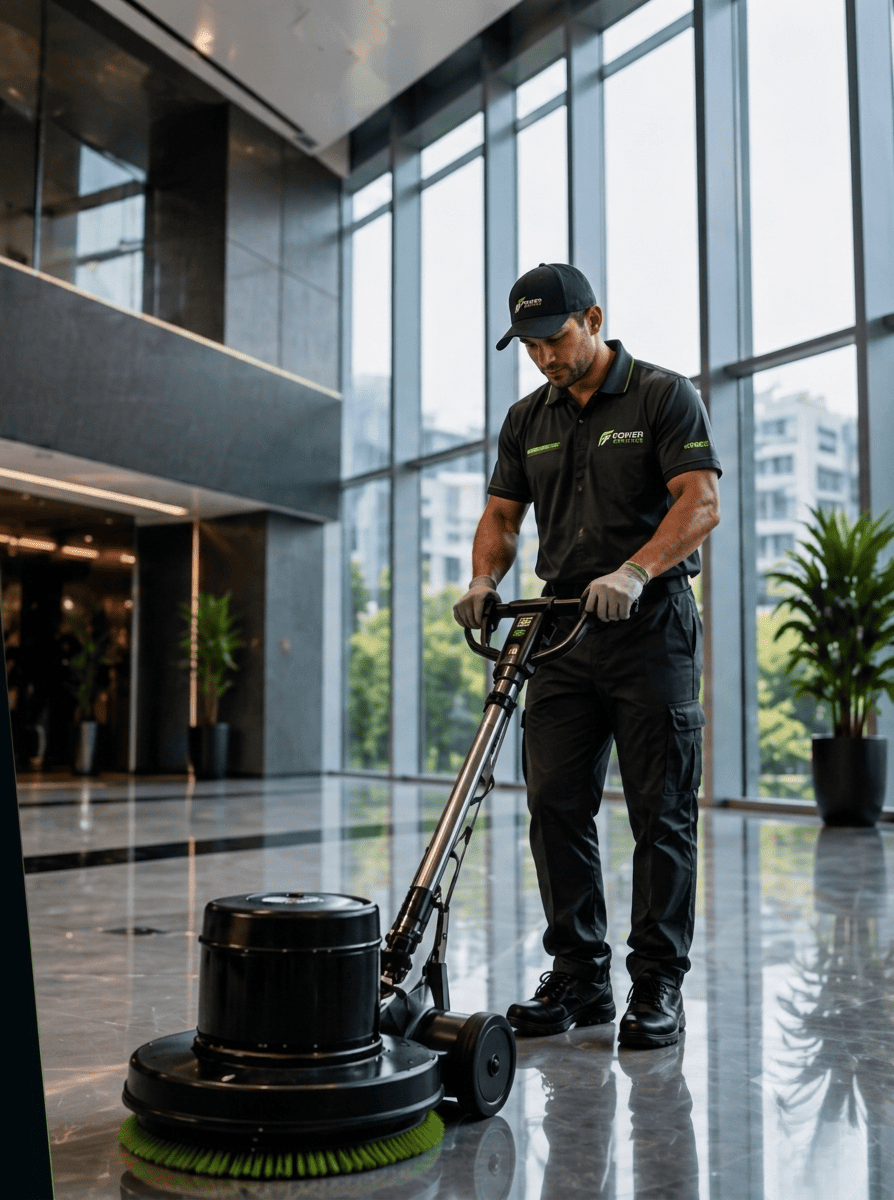 Profissional da Forte Serviços em atividade de limpeza em ambiente corporativo